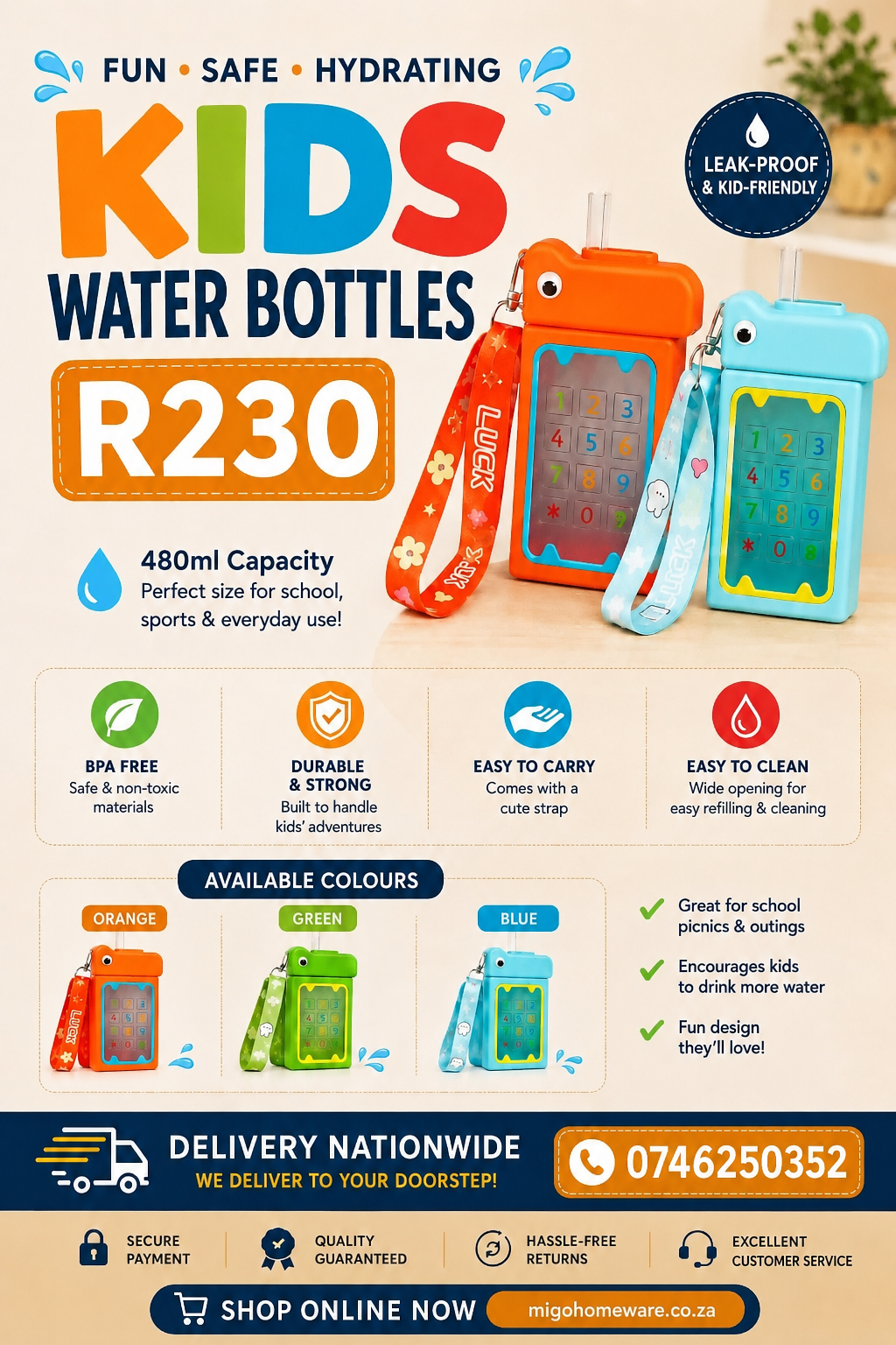 Kids Water Bottle 480ml – Fun, Safe & Leak-Proof